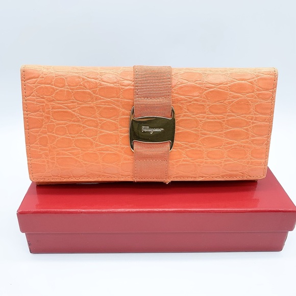 Salvatore Ferragamo Calf Croc Leather Bi-Fold Long Wallet in Orange - Picture 2 of 12